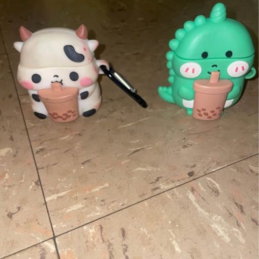 2 Silicone Airpod Cases, Dinosaur and Cow Drinking Boba Milk Tea